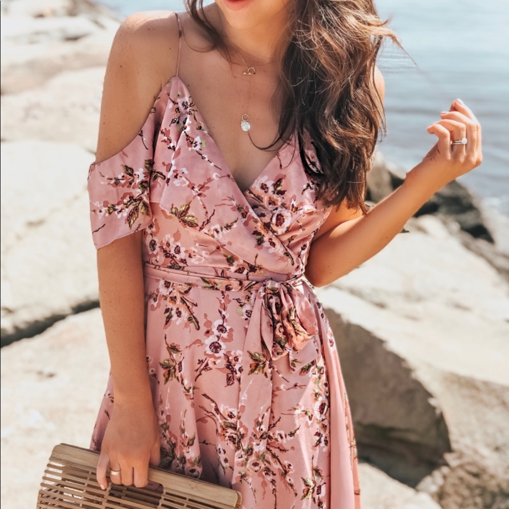 WAYF Pink Floral Wrap Dress